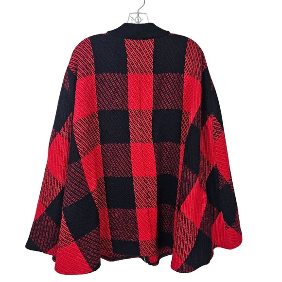 John Mark Red Buffalo Plaid Wool Blend Cape Poncho XL Zipper Pockets Arm Slits - Picture 2 of 8